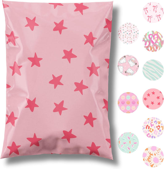 14.5x19 Designer Poly Mailer 100 Pack Heavy Duty Waterproof Self Seal Shipping Bags for Small Business Large Mailing Envelopes Bulk Tear Resistant Cute Packaging Seeing Stars Pink