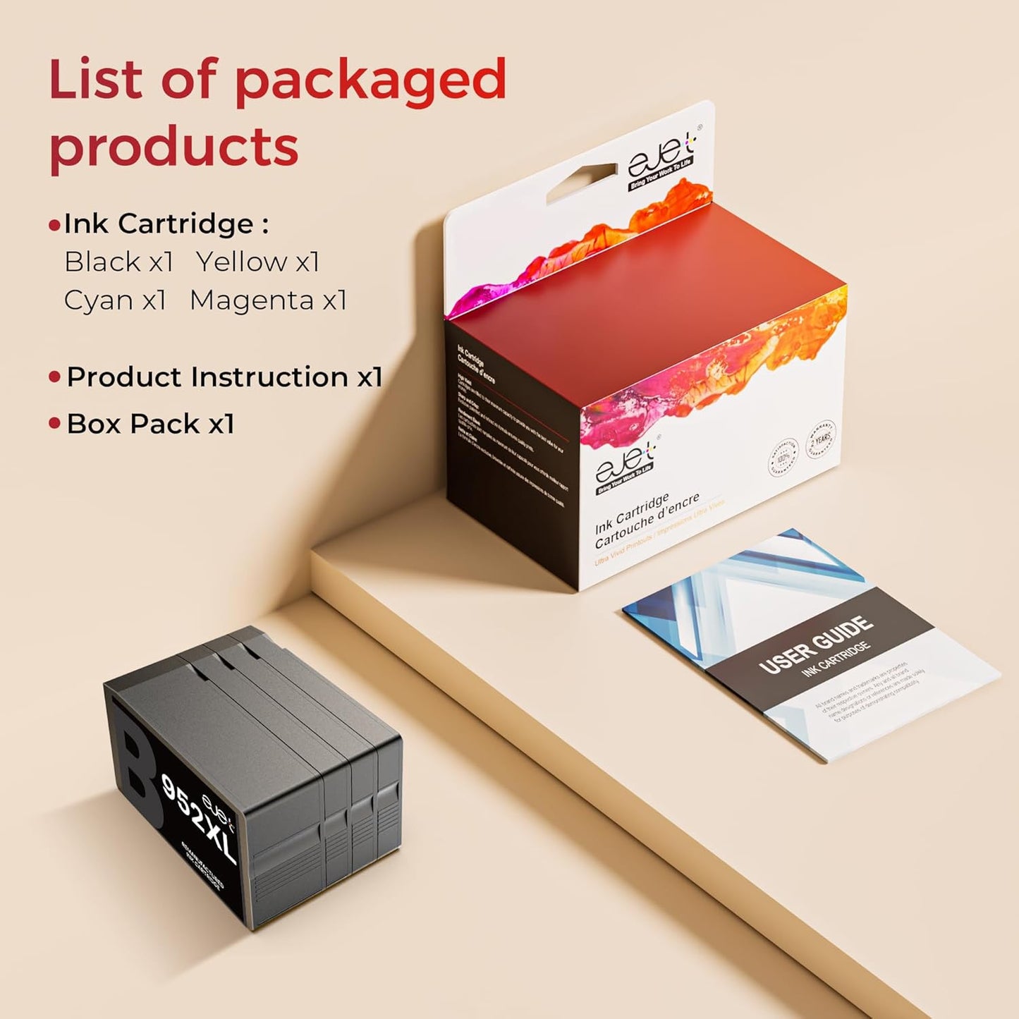 ejet 952XL Ink Cartridges Combo Pack High Page Yield (4-Pack) Compatible for HP 952XL Ink Cartridges Combo Pack | Works Officejet Pro 8702 8710 8720 8210 7740 7720，Black Cyan Magenta Yellow | N9K28AN