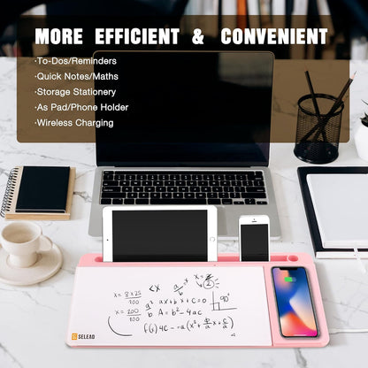 SELEAD Desktop Glass Whiteboard with Wireless Charger Station and Mirror, Desk Dry Erase Board Computer Pad Keyboard Stand with Organizer for Home, School, Office Accessories for Women, Pink