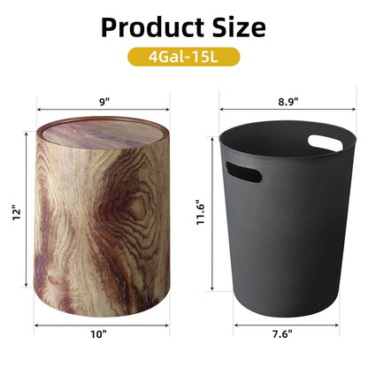Wood Grain Plastic Trash Can Swing Top Lid, 4Gal/15L Farmhouse Wastebasket Bin Retro Style with Inner Bucket, Bathroom Trash Can Hidden Bag for Room Aesthetic, Round Brown Garbage Can 2pack