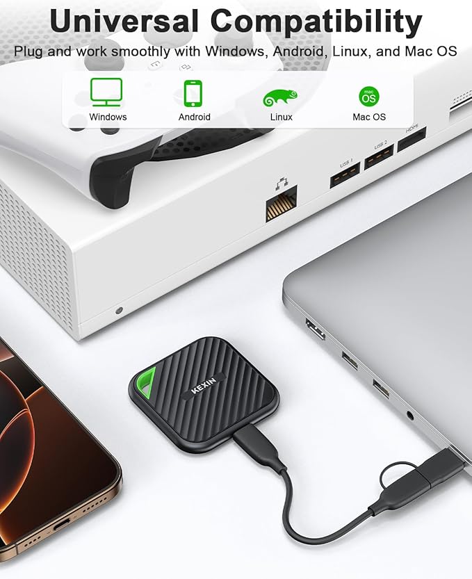 KEXIN 2TB Portable SSD USB C External SSD Up to 2000MB/s External Solid State Drive USB 3.2 Gen 2x2 Type-C Portable Solid State Drive for PC Mac Game Console