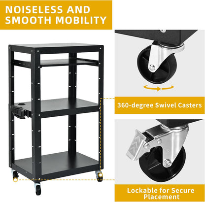 DWVO AV Cart with Wheels and Power 16.4ft Extra-Long Cord, Metal Presentation Cart with Keyboard Tray, Rolling Large Media Carts with 2 Locking Brakes, Easy to Assemble, Black