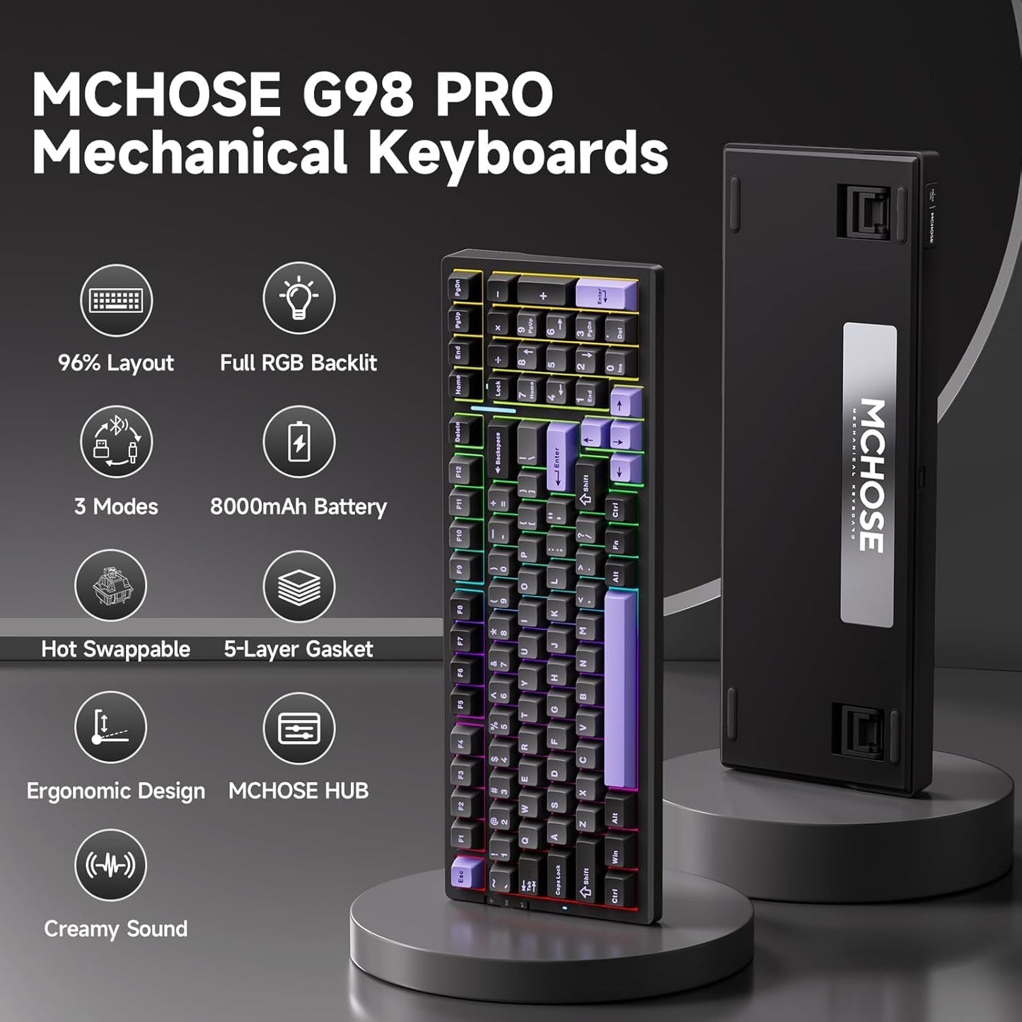 G98 PRO Wireless Mechanical Keyboard, Tri-Mode Connection Gaming Keyboard, Hot Swappable Custom Gasket Structure, Pre-lubed Linear Switches, Double Shot PBT Keycaps RGB LED Backlit Purple&Black
