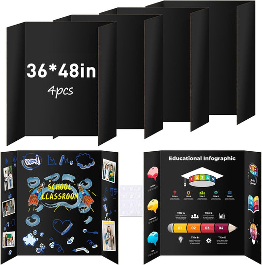 4 Pack Trifold Poster Board 48" X 36", IKAYAS Double Sided Black Poster Boards, Science Fair Display Boards Posterboard Foamboard for Mounting, Prints,Art,Display,Projects Classroom Supplies