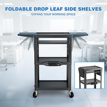 Large Steel AV Cart with Power Strip & Drop Leaves - Height Adjustable Metal Madia Cart with Wheels - Heavy Duty Rolling Computer Workstation for Laptop Projector Printer TV, Black (46" x 18")