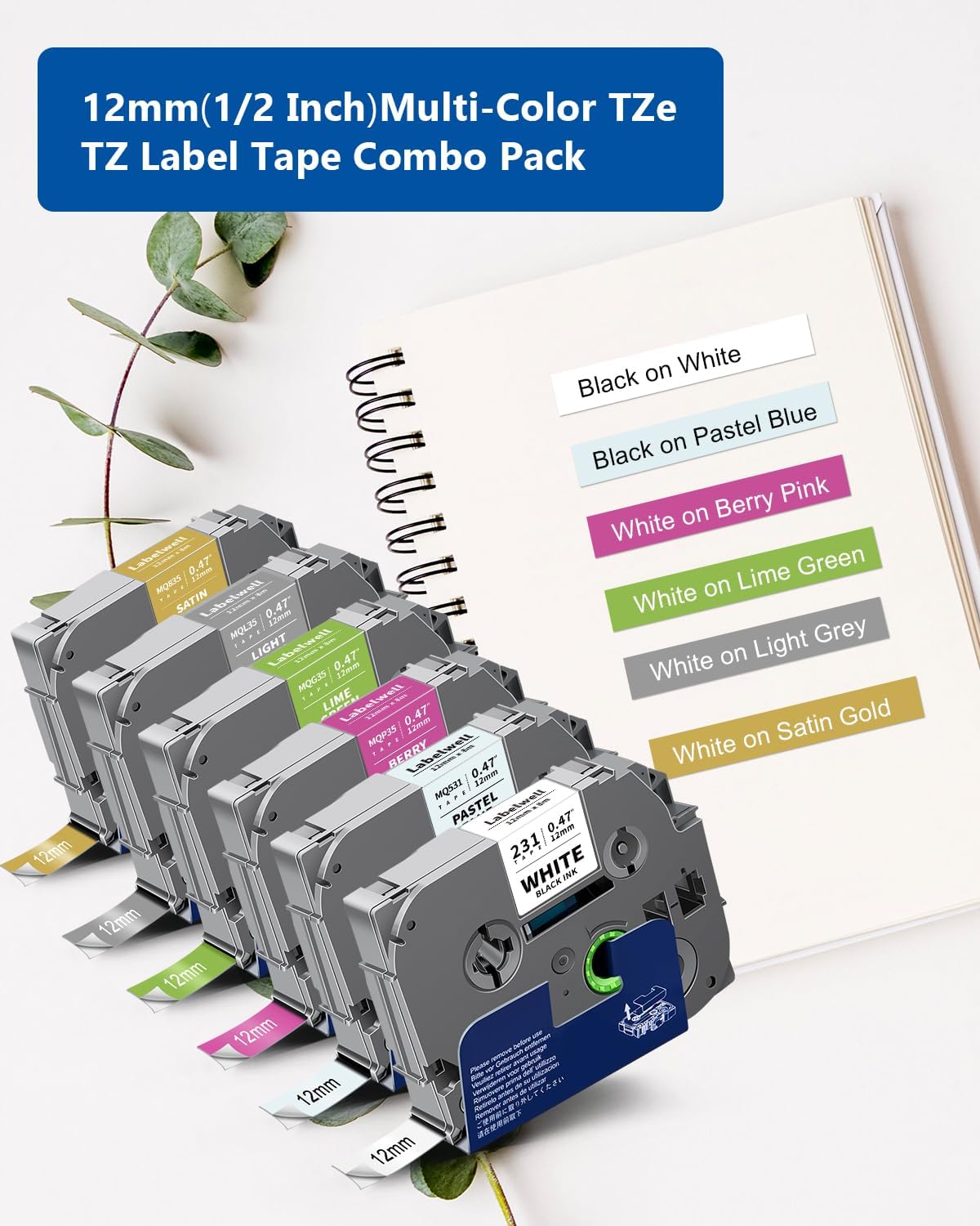 6-Pack 12mm 0.47 Laminated Multi Color Compatible for TZe-231 TZe231 MQ531 MQP35 MQG35 MQL35 MQ835 TZ Tape for P Touch PT-H110 D210 D220 D400, White/Blue/Blue/Green/Sliver/Gold