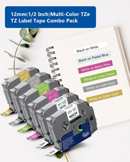 6-Pack 12mm 0.47 Laminated Multi Color Compatible for TZe-231 TZe231 MQ531 MQP35 MQG35 MQL35 MQ835 TZ Tape for P Touch PT-H110 D210 D220 D400, White/Blue/Blue/Green/Sliver/Gold