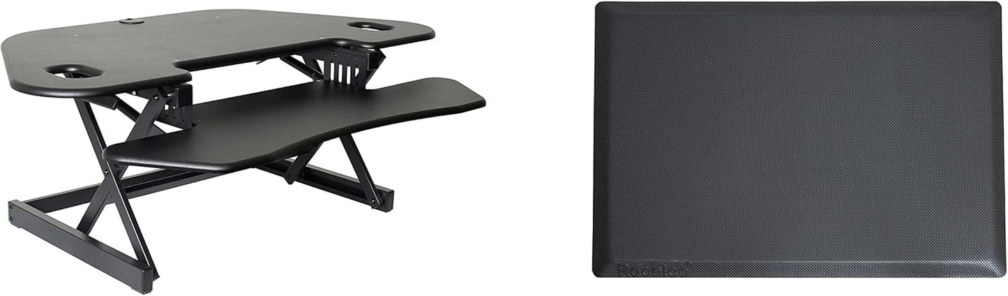 Rocelco 46" Height Adjustable Corner Standing Desk Converter with AC Outlet USB Charger and Anti-Fatigue Floor Mat - Sit Stand Up Tabletop Riser - Keyboard Tray - Black (R CADRB-46-ACUSB-MAFM)