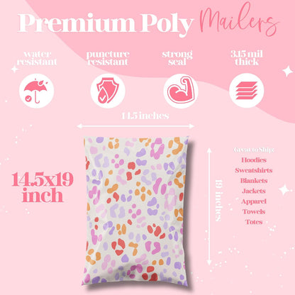 14.5x19 Designer Poly Mailer 100 Pack Heavy Duty Waterproof Self Seal Shipping Bags for Small Business Large Mailing Envelopes Bulk Tear Resistant Cute Packaging Preppy Leopard