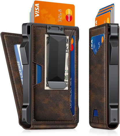 Wallet for Men RFID Wallet with 2 ID Windows & Money Clip, Slim Pop Up Card Holder for 10-12 Cards, Bifold Minimalist Smart Wallet for Front Pocket, Compact Metal Credit Card Holder, Gifts for Men