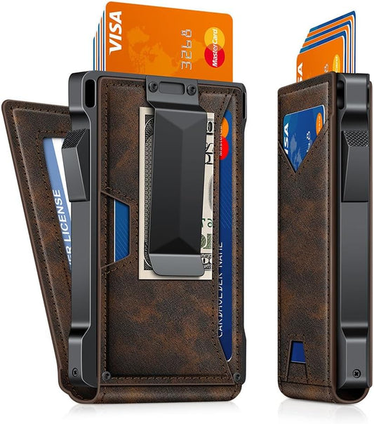 Wallet for Men RFID Wallet with 2 ID Windows & Money Clip, Slim Pop Up Card Holder for 10-12 Cards, Bifold Minimalist Smart Wallet for Front Pocket, Compact Metal Credit Card Holder, Gifts for Men