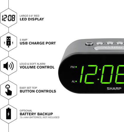 Sharp Digital Easy to Read Alarm Clock with 2 AMP High-Speed USB Charging Power Port - Charge Your Phone, Tablet with a high Speed Charge! Simple, Easy to Use Operation, Black – Green LEDs
