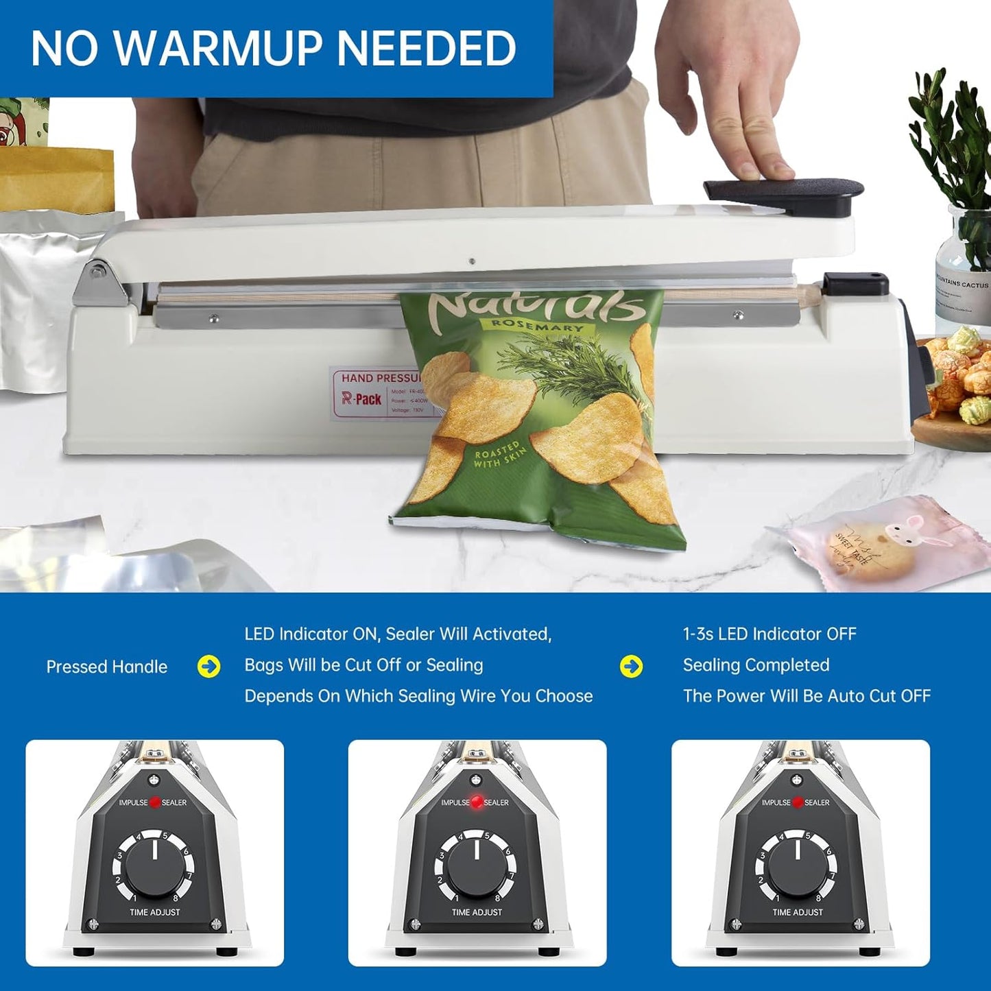 Impulse Heat Sealer with Seal bar, Heavy-Duty Bag Sealing & Cutting Machine, 2 Extra Replacements (white, 16inch)