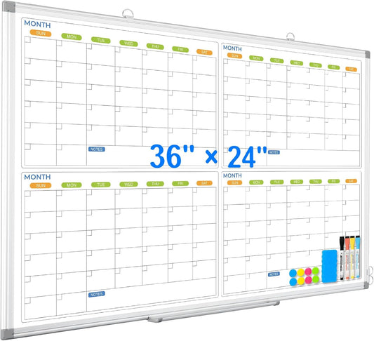 Dry Erase Calendar Whiteboard for Wall, 36" x 24" Magnetic Planner, Silver Aluminum Frame 4 Month Board for Office Home and School