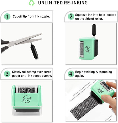Miseyo Wide Identity Theft Protection Roller Stamp Set - Mint Green (3 Refill Ink Included)