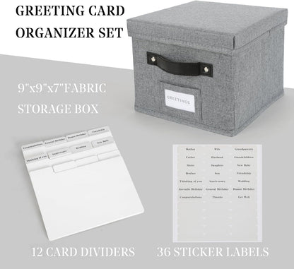 Greeting Card Organizer with dividers - Storage Box with lid Holds 150+ Cards - Assortment Box for Greeting Cards,Recipes, Photos, Envelopes, Keepsake - 9 x 9 x 7 Inches (Gray, 1 pcs)