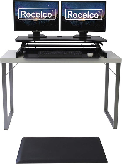 Rocelco 37.5" Deluxe Height Adjustable Standing Desk Converter with Anti Fatigue Mat BUNDLE - Quick Sit Stand Up Computer Workstation Riser - Large Retractable Keyboard Tray - Black (R DADRB-MAFM)