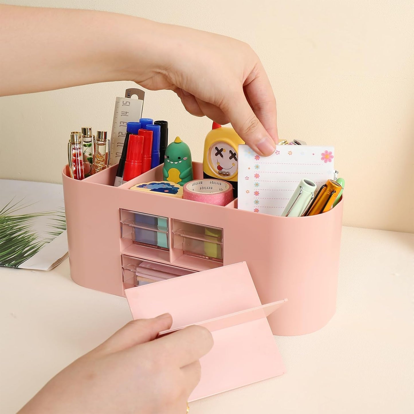 INSTOME Pencil Pen Holder for Desk with 3 Drawers - All-In-One Desk Organizer - Perfect Desk Accessories for Office Use - Stylish & Convenient Desk Organizers and Accessories (Pink)
