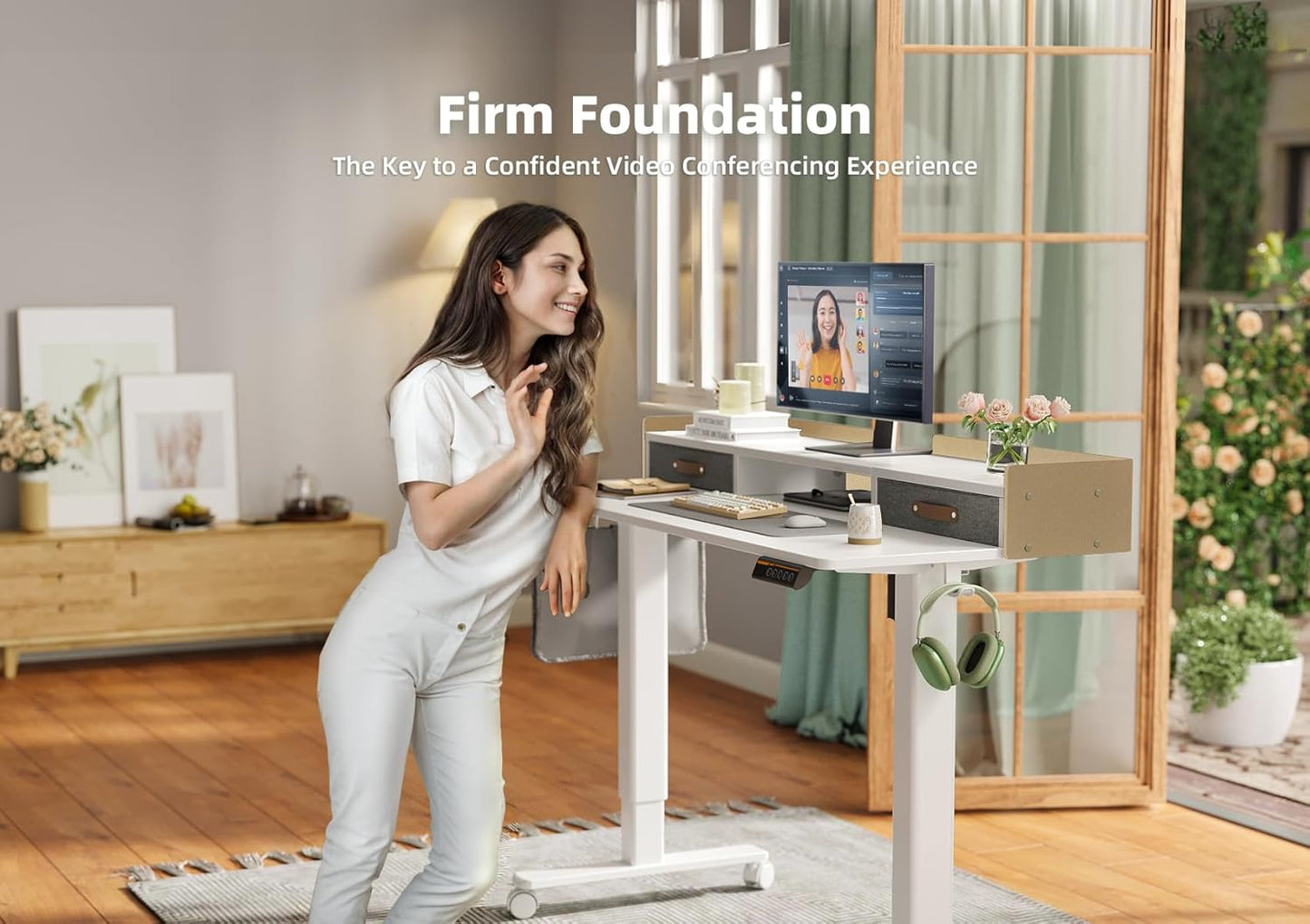 YDN Standing Desk with Drawers, 55 Inch Standing Desk Adjustable Height, Adjustable Electric Stand Up Sit Stand Small Desks with Storage and Shelf, White