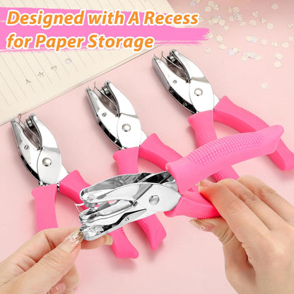 4 PCS 1/4" Hole Punchers for Crafts, Single Hole Punch Shapes with Circle Heart Star Triangle, with Soft-Handled for Binder Scrapbooking Classroom Card Punching Reinforcement Stickers