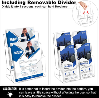 2 Pack Acrylic Brochure Holder 8.5 x 11 in, 2 Tier Brochure Display Stand with Removable Divider for 4 x 9 in Trifold Pamphlets, acrylic flyer holder 8.5 x 11 Stands for Flyer, Pamphlet, Magazine