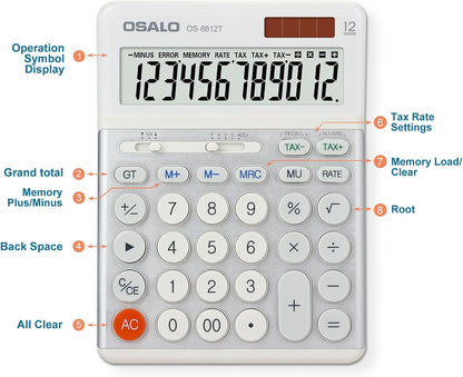 OSALO Desktop Calculators VAT Tax Function Large Display Big Buttons 12 Digit Big Desk Calculator for Home and Office (OS-8812T Large Calculator)