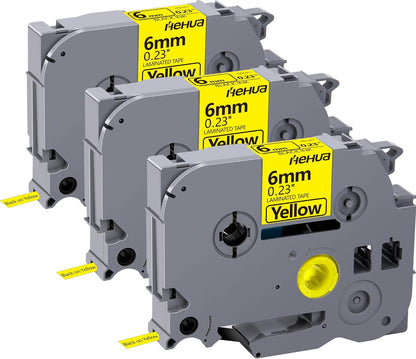 Hehua 6mm 0.23 Black on Yellow Laminated Tape Compatible for Brother Label Maker Tape TZe-611 TZe611 TZ-611 TZ611 for P Touch PT D200 D220 D400 D450 D600 D610 P710BT, 1/4'' x 26.2ft, 3 Pack