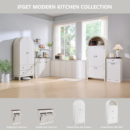 Modern Tilt-Out Trash Can Cabinet, 10 Gallon Fluted Laundry Hamper Cabinet with Drawers, Wooden Hidden Garbage Can Cabinets with Storage Basket, Free Standing for Kitchen and Living Room, White