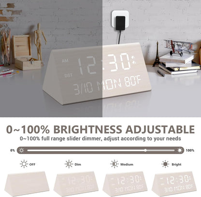 Kogonee Wooden Digital Alarm Clock, 0-100% Dimmer, 2 Alarm Settings, Weekday/Everyday Mode, 9 Mins Snooze, 12/24H, Temperature and Date Display for Office, Travel, Bedroom Alarm Clock (White)