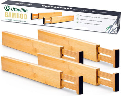 Utoplike Small Bamboo Kitchen Drawer Dividers(Fits 15"-17.7" Drawer Inner Size), 4 PCS Adjustable Drawer Organizers for Socks, Spring Loaded, Works in Drawer for Bedroom, Dresser