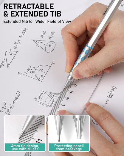 Nicpro Blocky Gear Metal Mechanical Pencil Set with Leather Case, 40PCS Art Drafting Pencil 0.5, 0.7, 0.9 & 2mm Lead Pencil with 352PCS (HB 2H 4H 2B 4B 6B Color) Lead Refills for Sketching Drawing