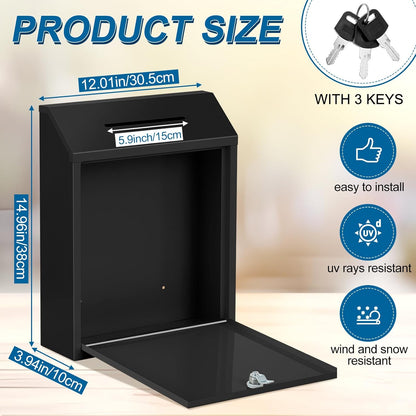 Metal Donation Cash Box Collection Safe Suggestion Box with Lock Wall Mounted Mailbox Delivery Ballot Container for Home Office Outdoor Door(Black,15 x 12 x 4 Inch)