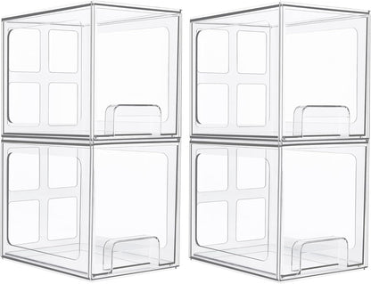 Vtopmart 4 Pack Stackable Storage Drawers, 6.6''Tall Acrylic Bathroom Makeup Organizers,Clear Plastic Drawers For Vanity, Undersink, Kitchen Cabinet,Pantry Organization and Storage