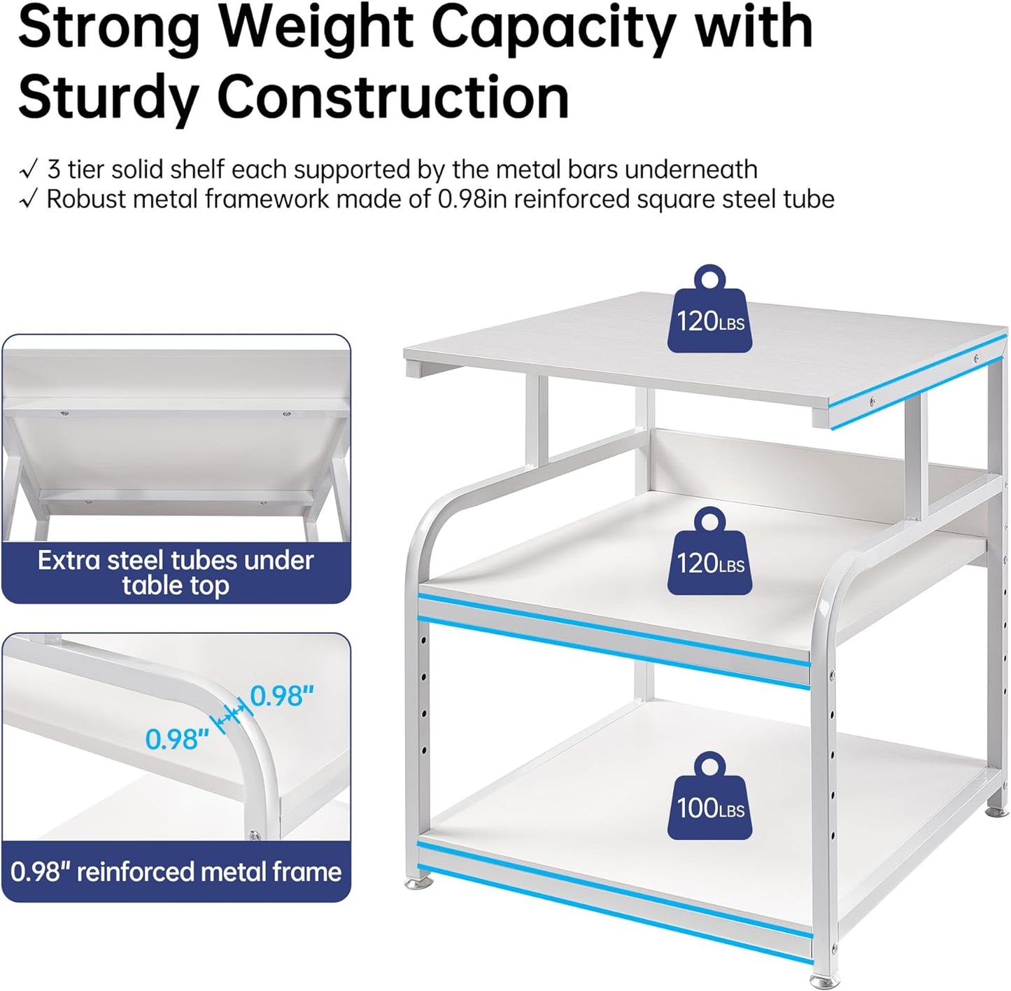 Printer Stand, 25.6" x 23.6" x 30.9" Extra Large Printer Table with Adjustable Storage Shelf, 3 Tier Rolling Printer Cart with Industrial Wheels for Home Office, White