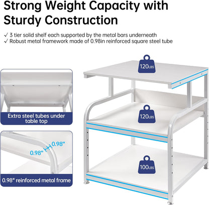 Printer Stand, 25.6" x 23.6" x 30.9" Extra Large Printer Table with Adjustable Storage Shelf, 3 Tier Rolling Printer Cart with Industrial Wheels for Home Office, White