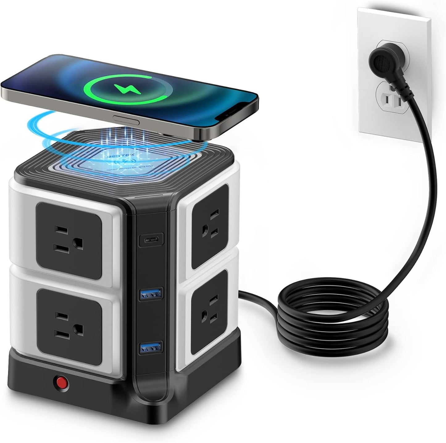 USB Power Strip with Wireless Charger BESTEK 8-Outlet Surge Protector and 40W 6-Port USB Charging Dock Station,1500 Joules,ETL Listed,Dorm Room Accessories (8AC+6USB+Wireless Charger-Black)