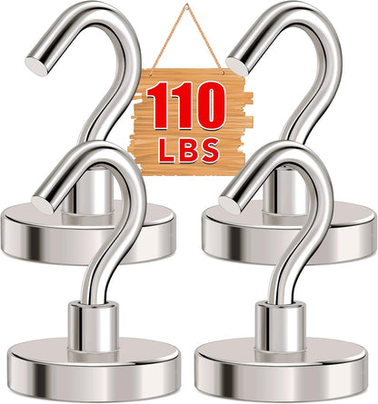 MIKEDE Magnetic Hooks Heavy Duty, 110Lbs+ Super Strong Magnet Hooks for Cruise, 4 Pack Neodymium Earth Magnets with Hook for Hanging, Magnetic Metal Hanger for Toolbox, Storage