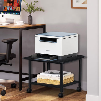 Lerliuo Under Desk Printer Stand, 2-Tier Industrial Mobile Printer Table with Storage Shelf and Steel Frame, Rolling Printer Cart Holder with Lockable Wheels for Home, Office (Black)
