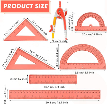 Zonon 1 Set Plastic Geometry Math Set 7 Pcs Includes 6'' / 4 '' Protractor, Drawing Compass, 45/60 Degree Triangle Rulers, 12'' / 6'' Math Ruler Transparent for Office Supplies(Orange)