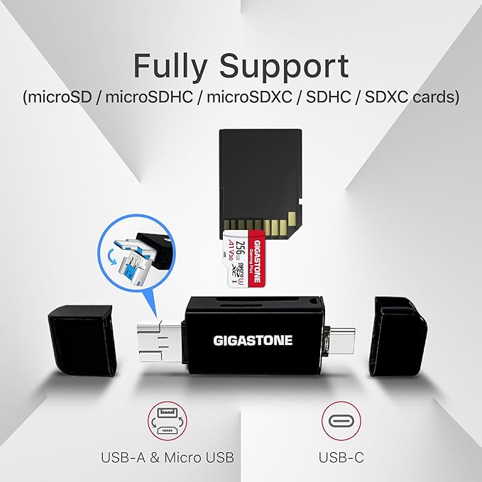 【5-Years Data Recovery】 GIGASTONE 256GB SD Card with USB Type C Card Reader, 4K Camera Pro, A1 V30 U3 SDXC Memory Card Compatible with Canon Digital Camera, with 1 Mini case