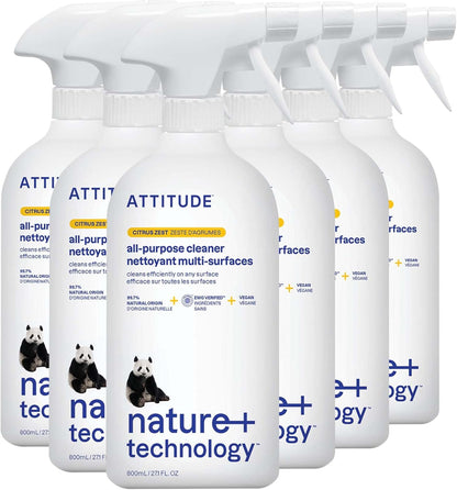 ATTITUDE All Purpose Cleaner Spray, EWG Verified, Vegan, Made with 94% Plant-Based Ingredients, Streak-Free for Kitchen, Bathroom, Glass & More, Citrus Zest Scent, 27.1 Fl Oz (Pack of 6)