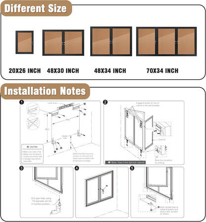 48"x34" Enclosed Bulletin Board, Outdoor Lockable Weather-Resistant Aluminum Cork Noticeboard for School & Office, Black Frame w/Cork