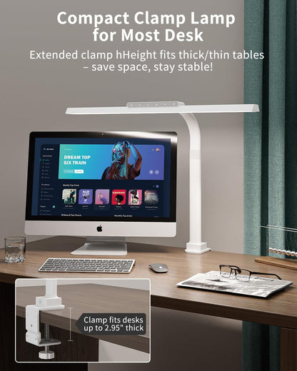 LED Desk Lamps for Home Office, 24W Bright Eye-Caring Desk Light with Clamp, Stepless Dimming Adjustable Flexible Gooseneck Clip on Office Lamp with Adapter for Reading, Study, Workbench,White