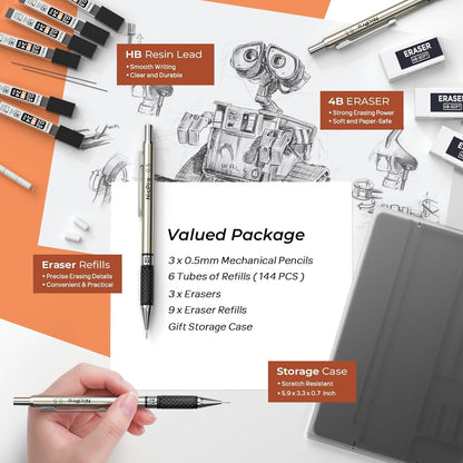 Nicpro RG1000 0.5 mm Art Mechanical Pencil Set in Storage Case, 3 PCS Metal Drafting Pencil Lead Pencil with 6 Tube HB Refills, 3 Erasers, 9 PCS Eraser Refills for Artist Writing, Drawing, Sketching