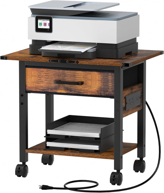 Lerliuo Under Desk Rolling Printer Stand with Charging Station and USB Ports, 2-Tier Printer Table Desk with Fabric Drawer, Printer Cart Holder with Lockable Wheels for Home, Office (Brown)