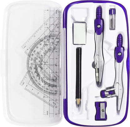 Math Geometry Kit Sets 10 Piece Student Supplies with Shatterproof Storage Box,Includes Rulers,Protractor,Compass,Eraser,Pencil Sharpener,Lead Refills,Pencil,for Drafting（Purple）