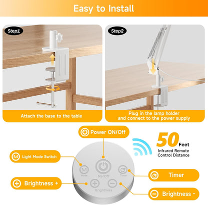 SKYLEO Led Desk Lamp for Home Office - 2400LM Ultra Bright Desk Light -Eye Caring Desk Lamp with Clamp - Adjustable Office Lamp with Remote Control- Easy Installation - 24W White