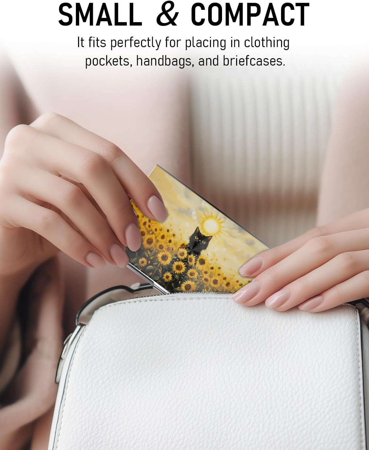 Business Card Metal Slim Organizer, Professional Stainless Steel Square Pocket Wallet for Office Workers, Compact and Portable for Pockets (Sunflower Cat A)