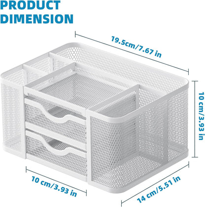 Marbrasse Mesh Desk Organizer, Pen Organizer with 2 Drawer, Multi-Functional Pencil Holder, Desk Organizers and Accessories with 5 Compartments + Drawer for Office Art Supplies (White)