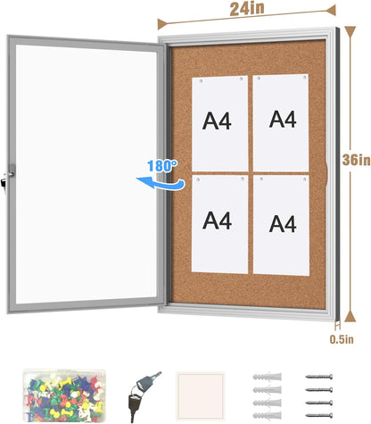 36"x24" Enclosed Bulletin Board, Outdoor Lockable Weather-Resistant Aluminum Cork Noticeboard for School & Office, Silver Frame w/Cork